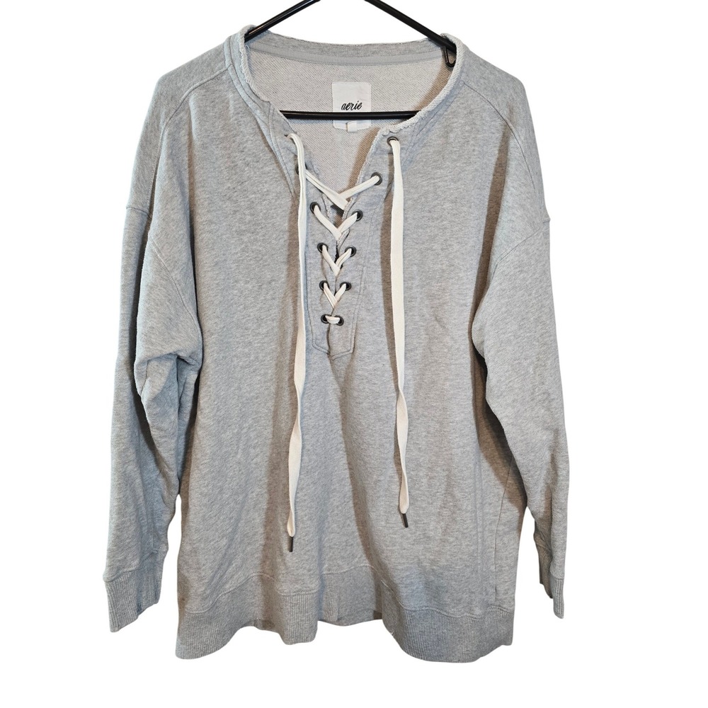 Aerie Light Gray Lace Up Sweatshirt Pullover Women's Size M‎ oversized